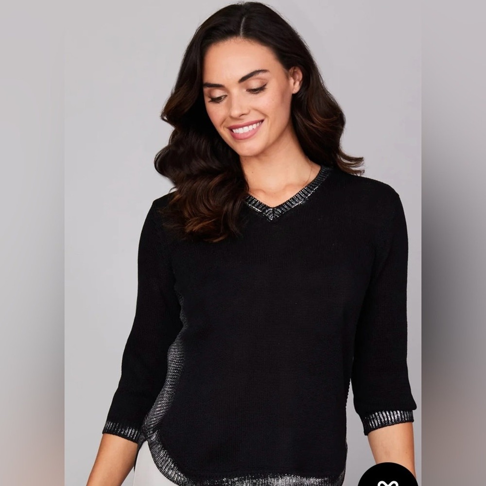 Peace of Cloth Black Silver Stripe V neck sweater NWT size large NWT‎
